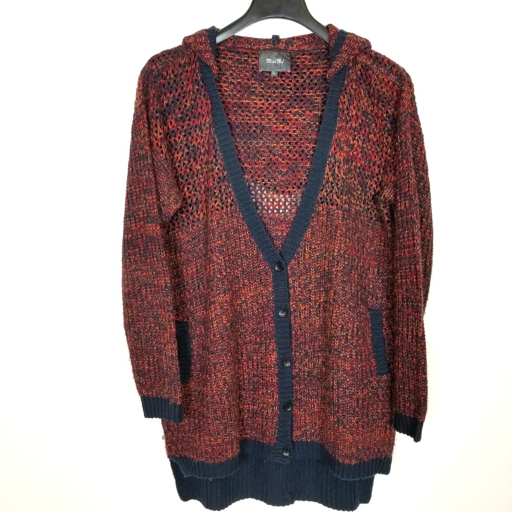 Miss Me Women Hooded Sweater Cardigan Sz L‎ Brown Gray Trim Crochet Pockets